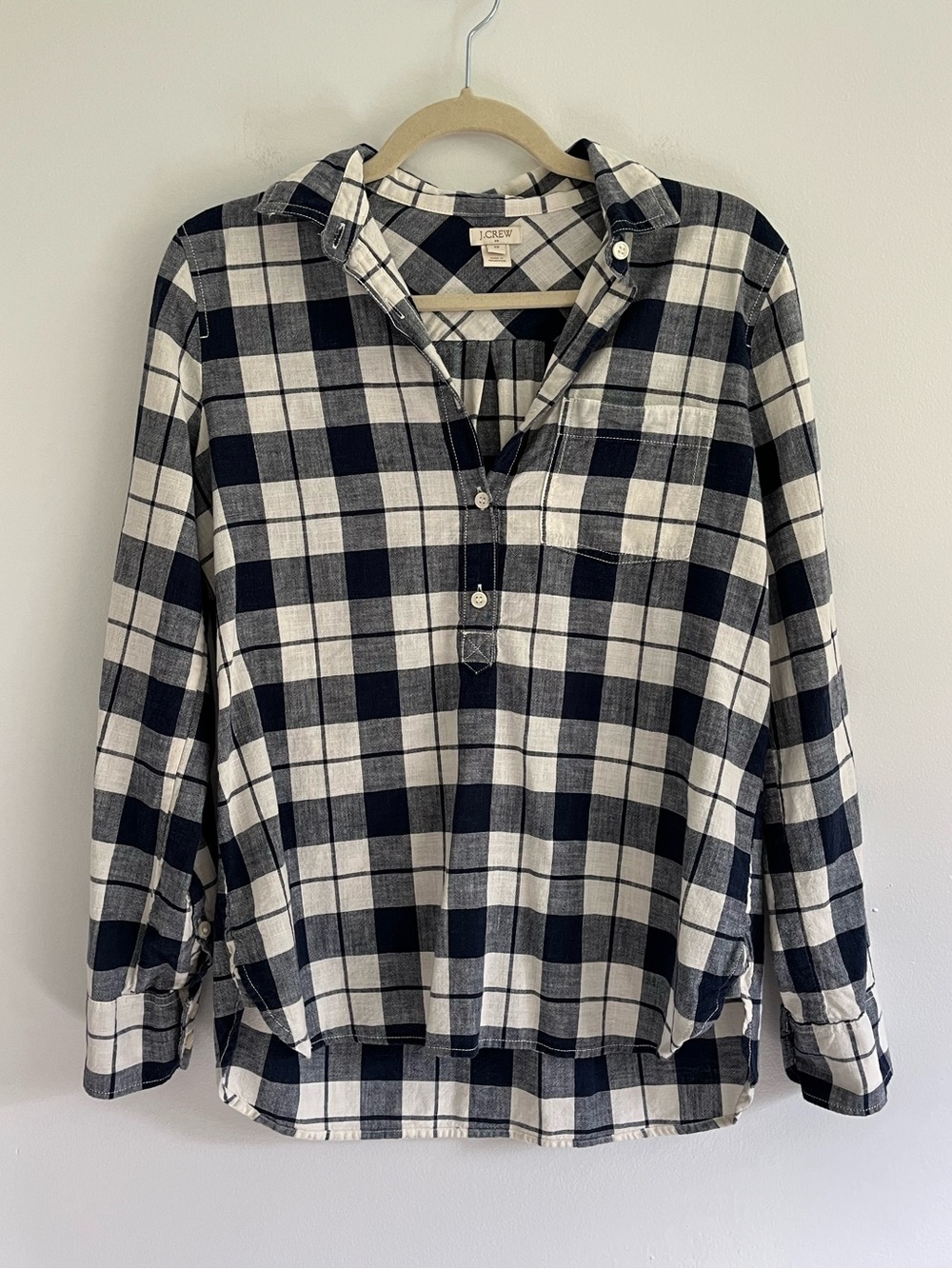J. Crew Navy White Plaid Cotton Half Button Popover Long Sleeve Top Coastal XS
